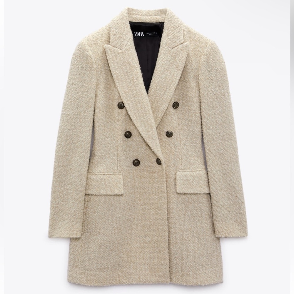 Zara Long Line Wool Blend Tweed/Boucle Style Blazer Jacket Coat in Beige Pink